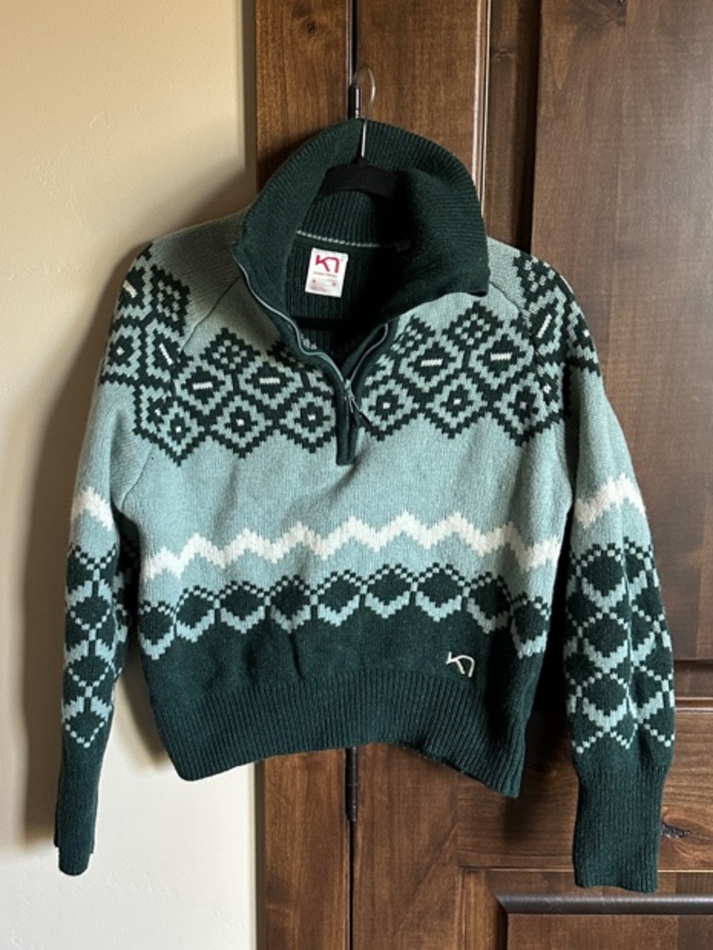 Kari Traa Green and Light Mint Patterned Wool 1/4 zip Sweater
